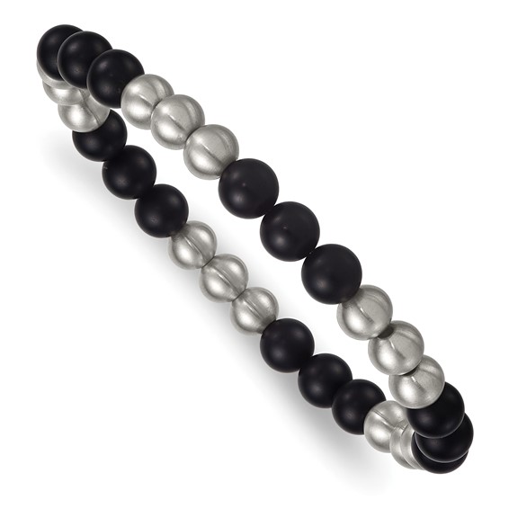 Stainless Steel Brushed Matte Onyx Beaded Stretch Bracelet