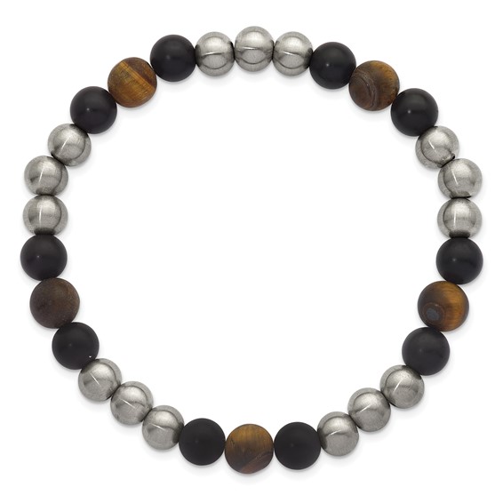 Stainless Steel Brushed Matte Onyx and Tiger's Eye Beaded Stretch Bracelet