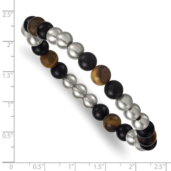 Stainless Steel Brushed Matte Onyx and Tiger's Eye Beaded Stretch Bracelet