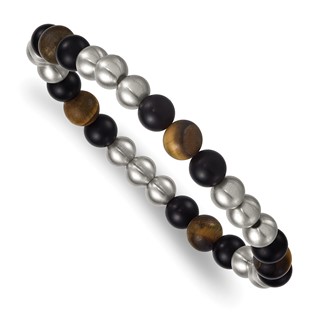 Stainless Steel Brushed Matte Onyx and Tiger's Eye Beaded Stretch Bracelet