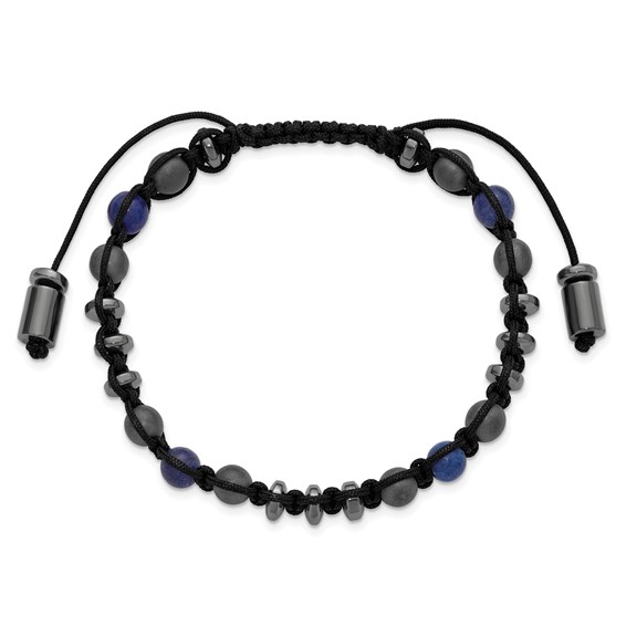 Beaded Hematite, Matte Onyx and Lapis Beaded Nylon Adjustable Bracelet