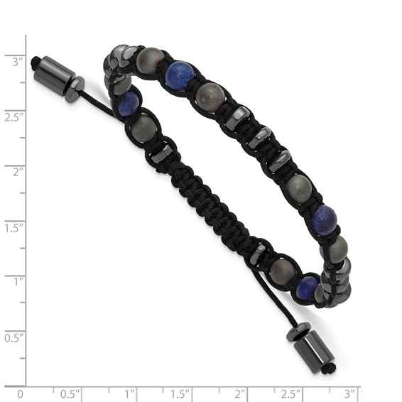 Beaded Hematite, Matte Onyx and Lapis Beaded Nylon Adjustable Bracelet