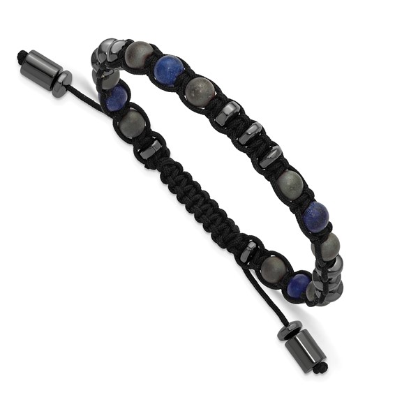 Beaded Hematite, Matte Onyx and Lapis Beaded Nylon Adjustable Bracelet