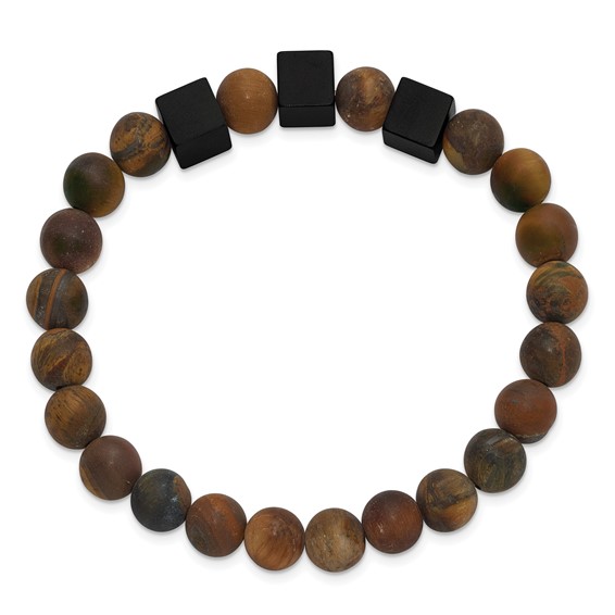 Stainless Steel Matte Black IP Cubes & Tiger's Eye Beaded Stretch Bracelet