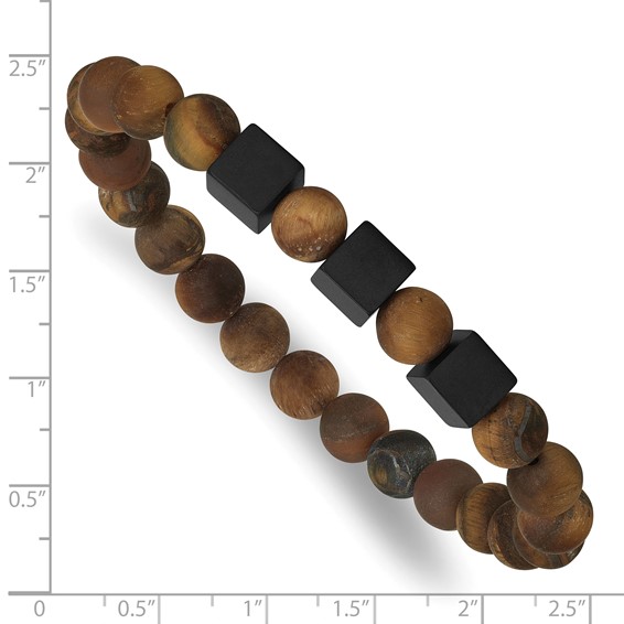 Stainless Steel Matte Black IP Cubes & Tiger's Eye Beaded Stretch Bracelet
