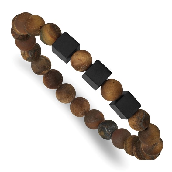 Stainless Steel Matte Black IP Cubes & Tiger's Eye Beaded Stretch Bracelet