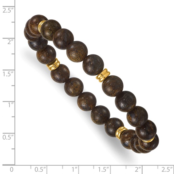 Stainless Steel Polished Yellow IP 8.5mm Grey Bronze Stone Stretch Bracelet