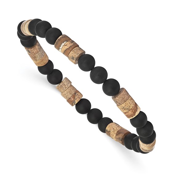 Beaded Matte Black Onyx and Picture Jasper 6mm Stretch Bracelet