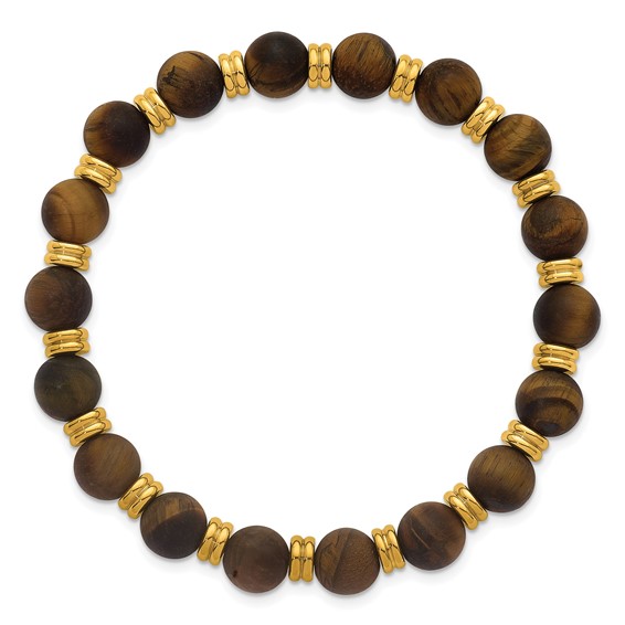 Stainless Steel Polished Yellow IP 8.5mm Tigers Eye Beaded Stretch Bracelet