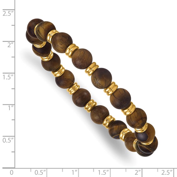 Stainless Steel Polished Yellow IP 8.5mm Tigers Eye Beaded Stretch Bracelet