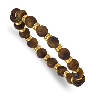 Stainless Steel Polished Yellow IP 8.5mm Tigers Eye Beaded Stretch Bracelet
