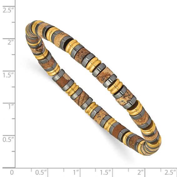 StainlessSteel Polished Yellow IP Hematite & Picture Jasper Beaded Bracelet