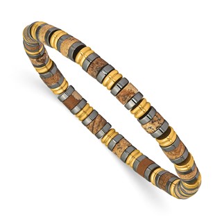 StainlessSteel Polished Yellow IP Hematite & Picture Jasper Beaded Bracelet