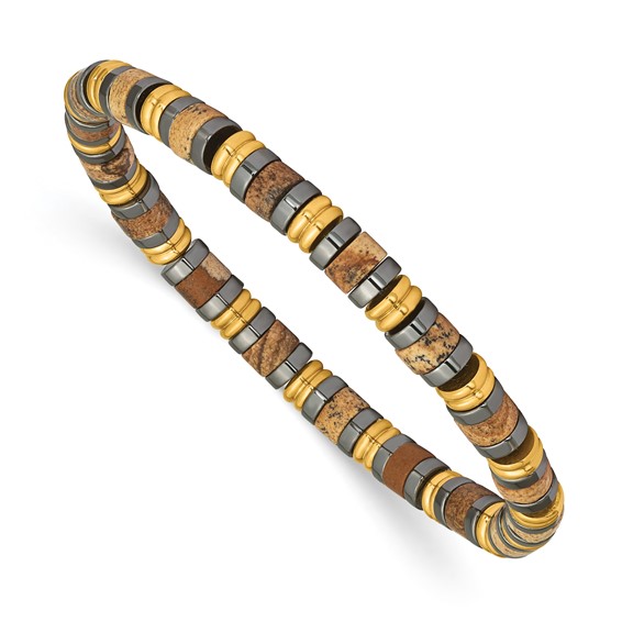 StainlessSteel Polished Yellow IP Hematite & Picture Jasper Beaded Bracelet
