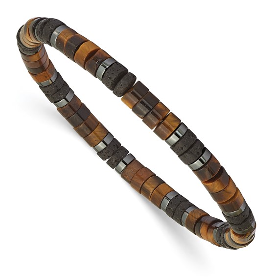 Beaded Tigers Eye, Lava Stone and Hematite 6mm  Stretch Bracelet