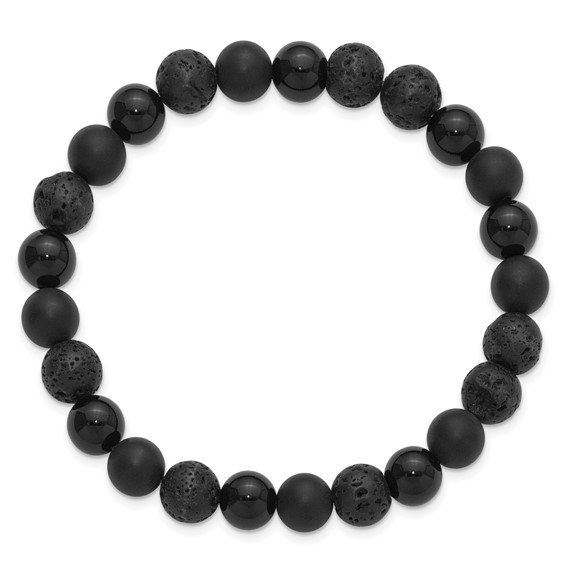 Beaded Polished and Matte Black Onyx and Lava Stone 8.5mm Stretch Bracelet