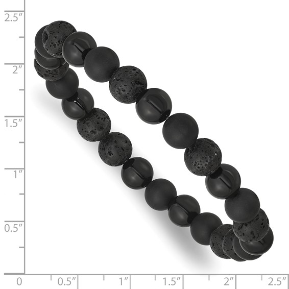 Beaded Polished and Matte Black Onyx and Lava Stone 8.5mm Stretch Bracelet