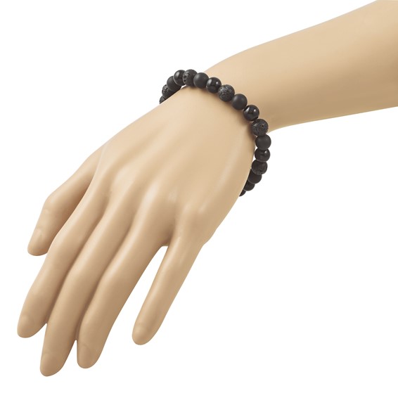 Beaded Polished and Matte Black Onyx and Lava Stone 8.5mm Stretch Bracelet