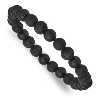 Beaded Polished and Matte Black Onyx and Lava Stone 8.5mm Stretch Bracelet