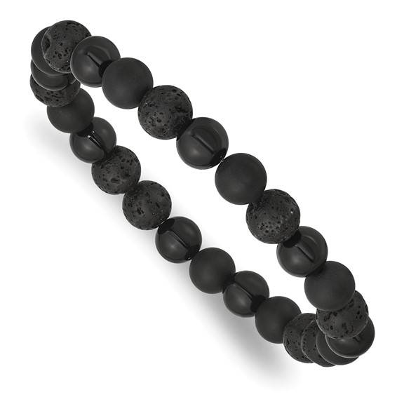Beaded Polished and Matte Black Onyx and Lava Stone 8.5mm Stretch Bracelet