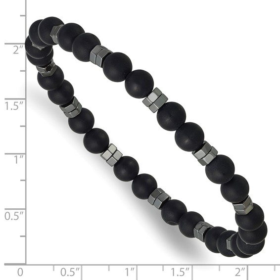 Beaded Polished Hexagon Hematite and 6mm Matte Onyx Stretch Bracelet