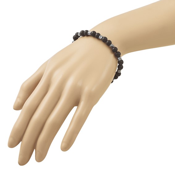 Beaded Polished Hexagon Hematite and 6mm Matte Onyx Stretch Bracelet