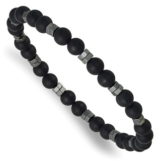 Beaded Polished Hexagon Hematite and 6mm Matte Onyx Stretch Bracelet
