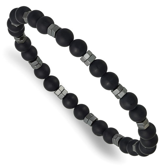 Beaded Polished Hexagon Hematite and 6mm Matte Onyx Stretch Bracelet