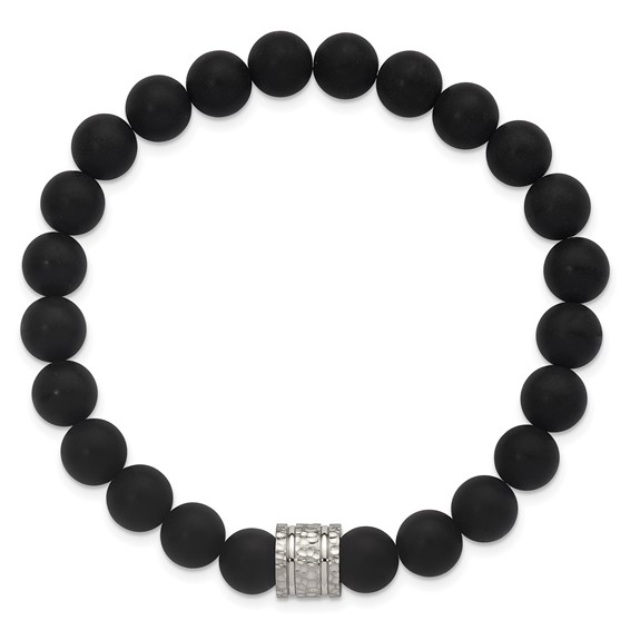 Stainless Steel Polished Hammered 8.5mm Matte Onyx Beaded Stretch Bracelet