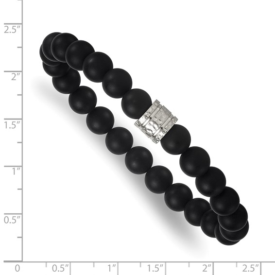 Stainless Steel Polished Hammered 8.5mm Matte Onyx Beaded Stretch Bracelet