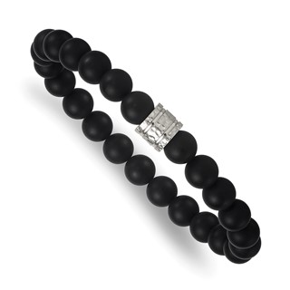 Stainless Steel Polished Hammered 8.5mm Matte Onyx Beaded Stretch Bracelet