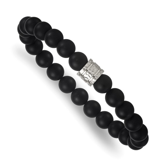 Stainless Steel Polished Hammered 8.5mm Matte Onyx Beaded Stretch Bracelet