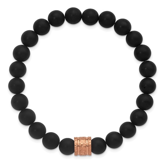 StainlessSteel Polished Hammered Rose IP 8.5mm Onyx Beaded Stretch Bracelet