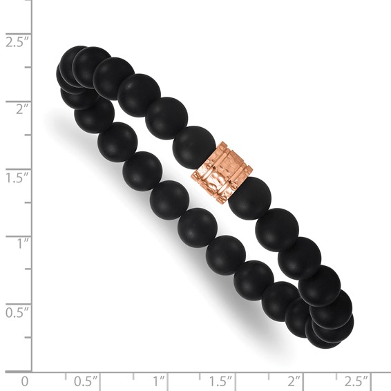 StainlessSteel Polished Hammered Rose IP 8.5mm Onyx Beaded Stretch Bracelet