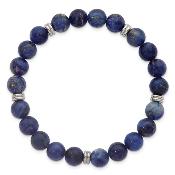 Stainless Steel Polished 8.5mm Sodalite Beaded Stretch Bracelet