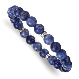 Stainless Steel Polished 8.5mm Sodalite Beaded Stretch Bracelet