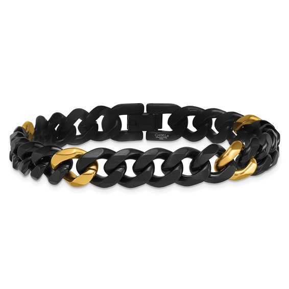 Stainless Steel Brushed/Polished Black/Yellow IP 10.5mm Cuban Link Bracelet