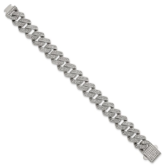 Stainless Steel Polished 15mm Full Crystal Cuban Link 7.75in Bracelet