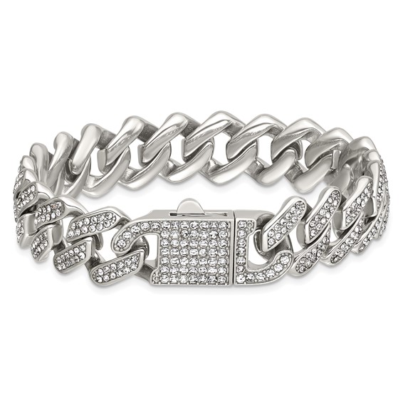 Stainless Steel Polished 15mm Full Crystal Cuban Link 7.75in Bracelet