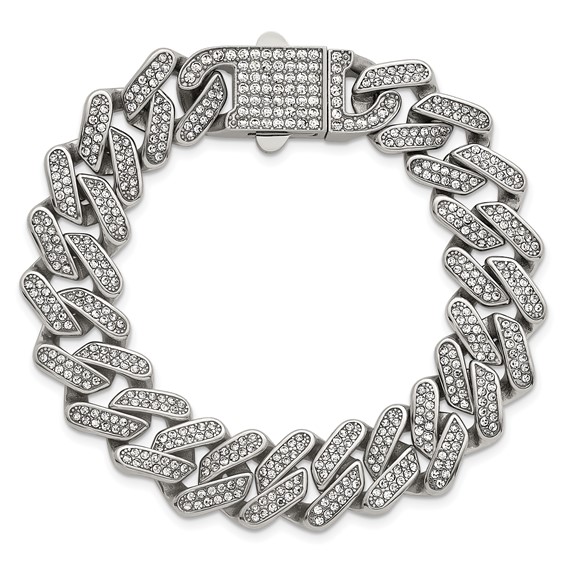 Stainless Steel Polished 15mm Full Crystal Cuban Link 7.75in Bracelet
