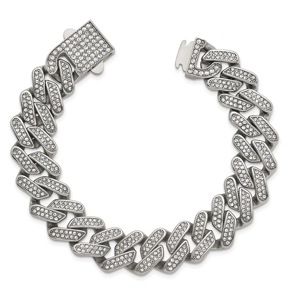 Stainless Steel Polished 15mm Full Crystal Cuban Link 7.75in Bracelet