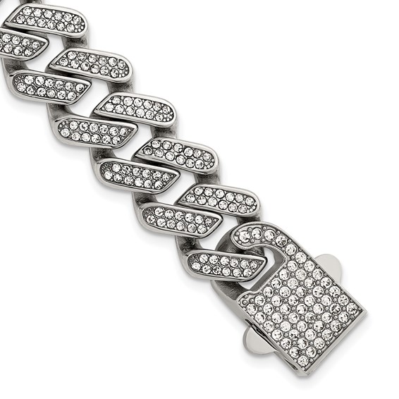 Stainless Steel Polished 15mm Full Crystal Cuban Link 7.75in Bracelet