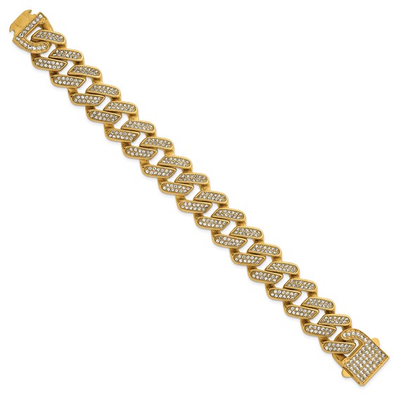 Stainless Steel Polished Yellow IP 19mm Full Crystal Cuban Link Bracelet