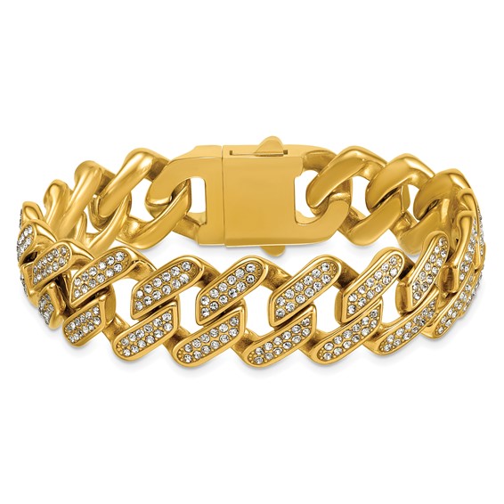 Stainless Steel Polished Yellow IP 19mm Full Crystal Cuban Link Bracelet