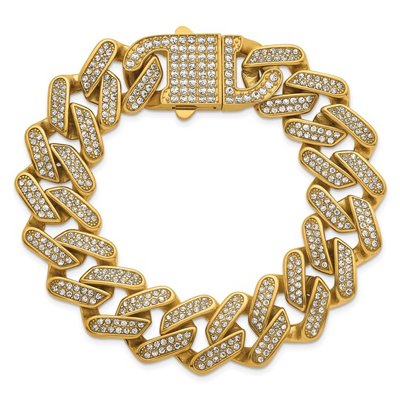 Stainless Steel Polished Yellow IP 19mm Full Crystal Cuban Link Bracelet