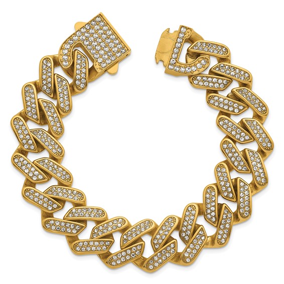 Stainless Steel Polished Yellow IP 19mm Full Crystal Cuban Link Bracelet