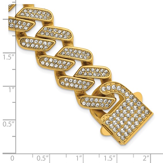 Stainless Steel Polished Yellow IP 19mm Full Crystal Cuban Link Bracelet