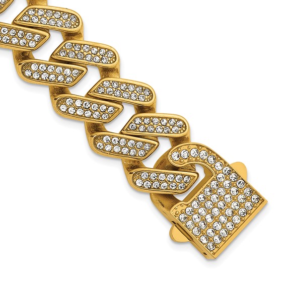 Stainless Steel Polished Yellow IP 19mm Full Crystal Cuban Link Bracelet