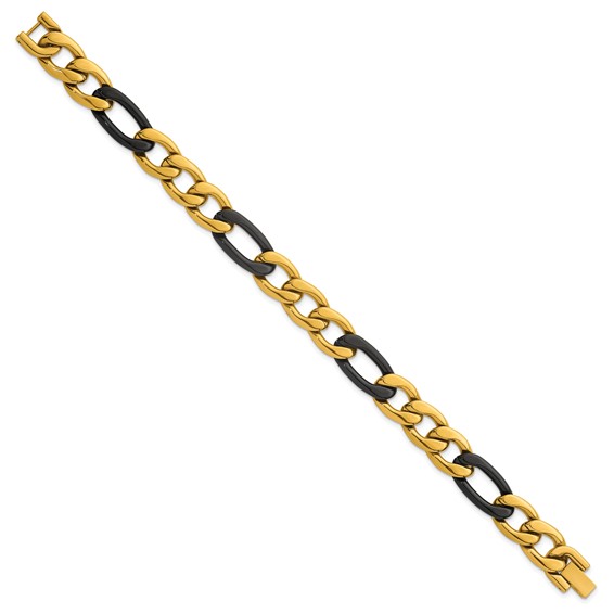 StainlessSteel Polished Black and Yellow IP 11mm Figaro Link 8.5in Bracelet