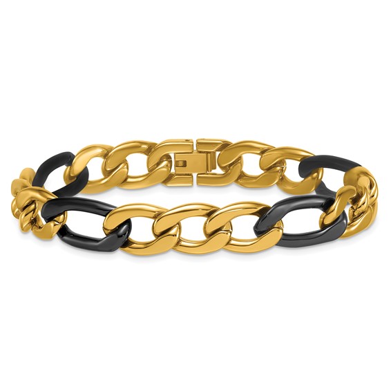 StainlessSteel Polished Black and Yellow IP 11mm Figaro Link 8.5in Bracelet